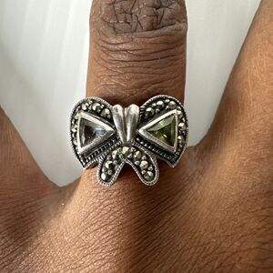 Vintage 925 Sterling Silver Topaz & Peridot Marcasite Bow Ring  Estate- Size 6